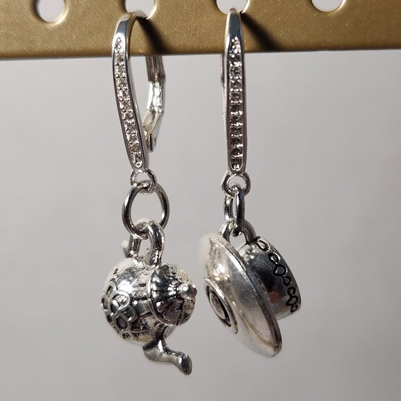 VTG 925 Teapot and Cup & Saucer Dangle Zircon Leverback Earrings - Picture 2 of 14